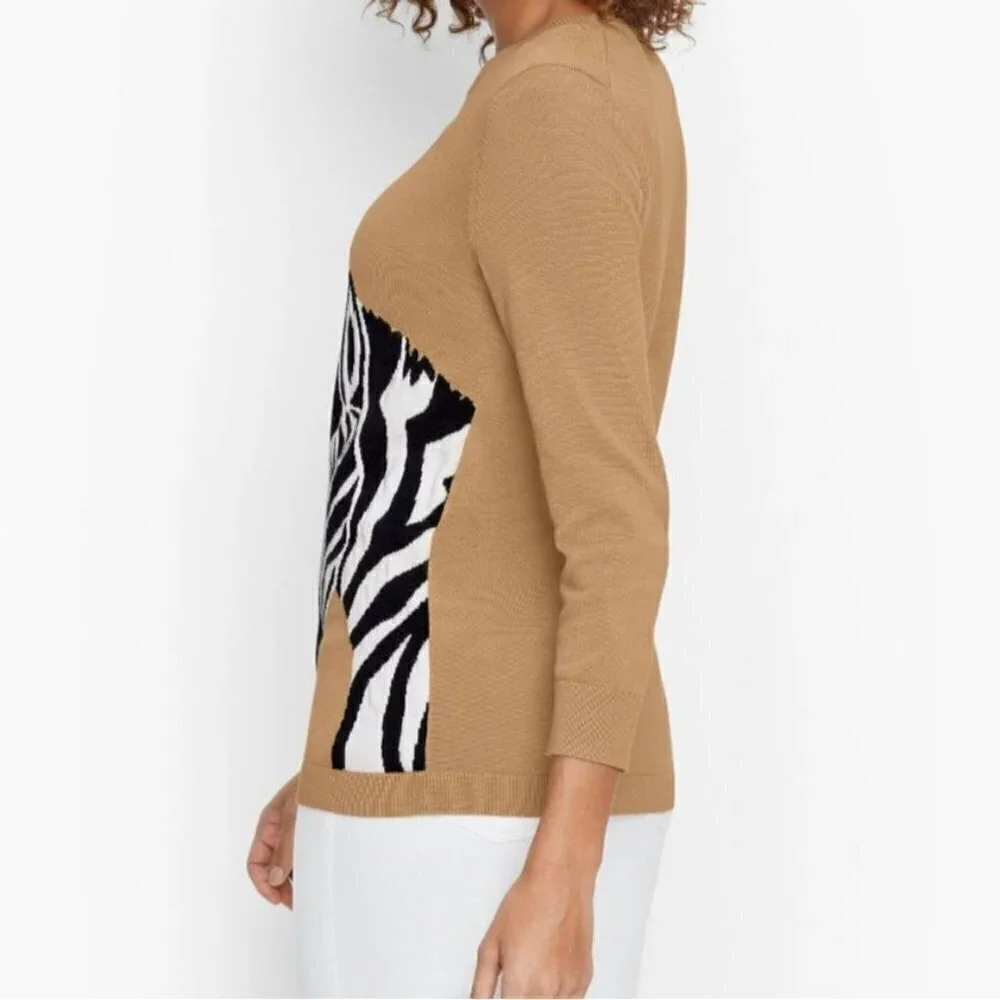Talbots Crewneck Zebra Print Beige Sweater Size XS
